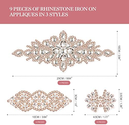 Willbond 9 парчиња Rhinestone Applique Iron на лепенка 3 стил Hotешка фиксирана свадбена коса апликации за облека за невестински фустани
