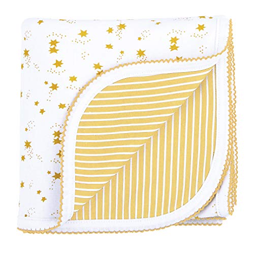 Колекција на плетено плетење со ленти Стефан, реверзибилно ќебе, жолти + бели ленти со starsвезди