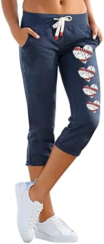 Женски високи половини на јога хеланки контрола на стомакот за бејзбол печати капри панталони удобност меки четкани атлетски тренинзи хеланки