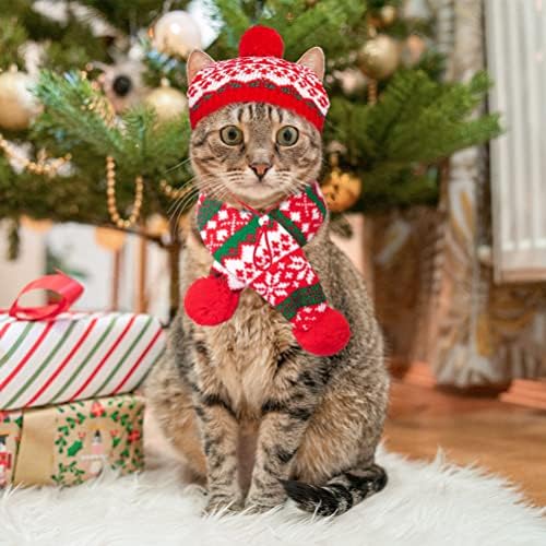 Павчи Божиќно куче костумска капа и плетена шамија - 2 парчиња слатки додатоци за миленичиња за миленичиња зимска топла облека за мачка, мало