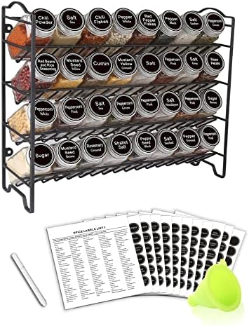 Организатор на решетката Swommoly Spice со 32 стаклени зачини тегли, 396 етикети за зачини, маркер на креда и комплетен сет на инка, за кабинет,