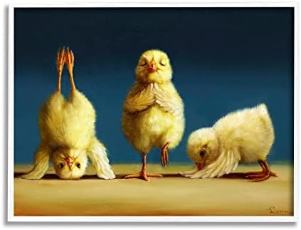 Студената индустрија за глупости јога пилиња смешно истегнување пози на фарма на животни, дизајн од Луција Хефернан Бела врамена wallидна