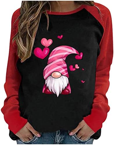 Денот на вљубените Дуксер За Жени Симпатична Пуловер Опуштено Вклопуваат Блузи Гном Срце Печатење Круг Вратот Блузи За Дама