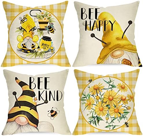 Ussap пролетно летно пчела среќен вид гном декоративно фрлање перница за капаци од 4, жолт цвет цвет инспиративна цветна декорација Бафало