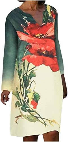 Narhbrg жени обични есенски фустани v вратот долг ракав цветен фустан лабав маички колено должина фустан удобен плус фустан со големина