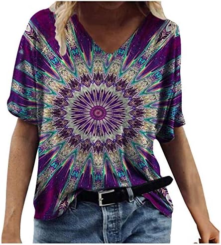 Lutенски летни кратки ракави маички против вратот шарени цветни печатени тунични маички трендовски обични лабави плус големина блуза