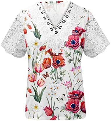 Пролетните врвови за жени 2023 Трендовски, цветни печатени врвови за жени чипка за чипка против маички со вратот, обични лабави пукалови маички
