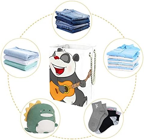 Симпатична панда свири гитара бела голема алишта за перење со лесна рачка за носење, водоотпорна корпа за перење алишта за канти за складирање