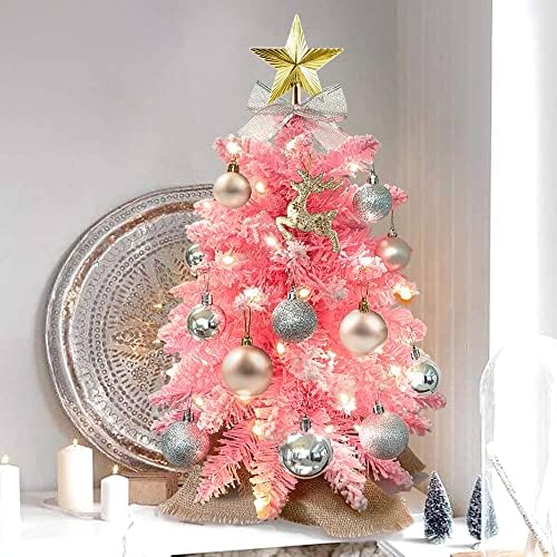 20 инчи таблета мини исклучителна новогодишна елка со LED светла Мали Божиќни вештачки декорации за канцелариски домашен ресторан-розов
