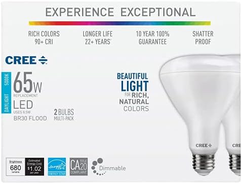 Cree Осветлување Исклучителна СЕРИЈА BR30 Сијалица, 5000K Затемнета LED Сијалица, 65W + 680 Лумени, Дневна Светлина, [8] 2 Пакети