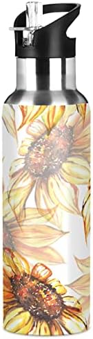 Алаза Едноставно сончогледово шише со жолто цвеќе со вакуум со капаче од слама, изолирана од не'рѓосувачки челик термо колба за