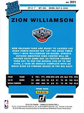 2019-20 Панини Донрус кошарка 201 Зион Вилијамсон дебитантска картичка Пеликанс