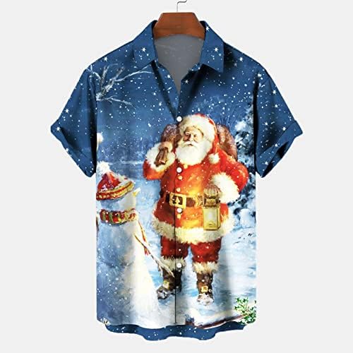 Wybaxz 2022 Божиќни мажи зелени Божиќни дигитални печатење џеб тока лапел кратки ракави кошула мажи обични маици
