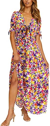 Женски бохо цветен печатен фустан лето V вратот краток ракав вратоврска јазол долг фустан случајна лабава макси фустани