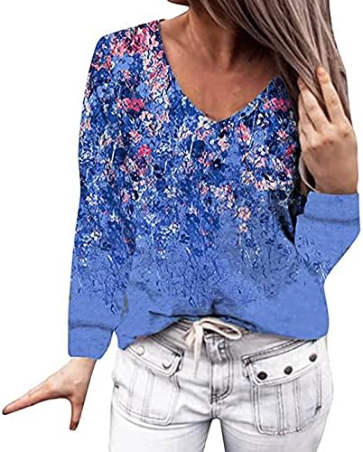 Женски врвови удобни обични џемпери со долги ракави пад на кошули Туника V-врата цветна отпечатена лабава пулвер Хенли блуза