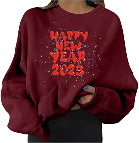 Среќна Нова Година 2023 Дуксери Женски Плус Големина Обичен Пуловер Врат На Екипажот Со Долги Ракави Лабава Опремена Маичка Топ Зима