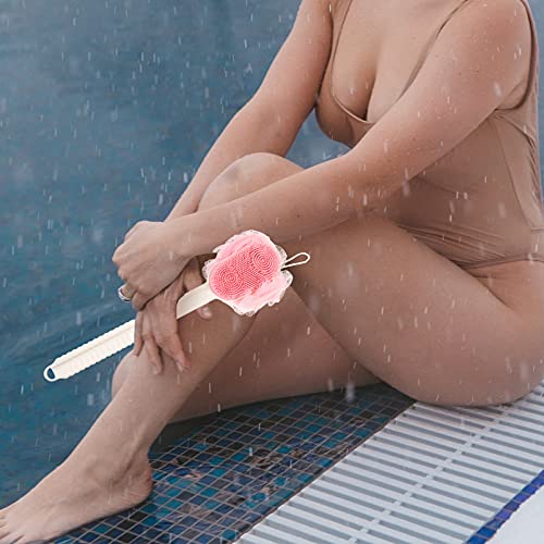 Исцелување розово четка за тело за туширање со влакната и мешунката за мелење на бања со грб со заоблена долга рачка за кожа за ексфолијација