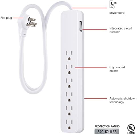 GE Home Electrical 3-Outlet Enower Strip, 15 ft продолжено кабел, 16 мерач, безбедносен излез за слабеење, бел, 51962 & GE 3-Outlet Power Strip,