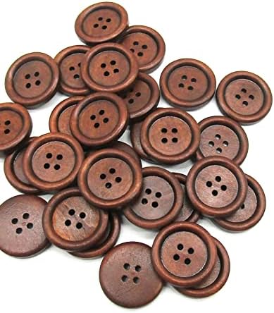 Дрвени копчиња од 1 инчи, 60 парчиња 25мм кафеава шиење на рамен копче Дрвени занаетчиски копчиња за шиење или занает