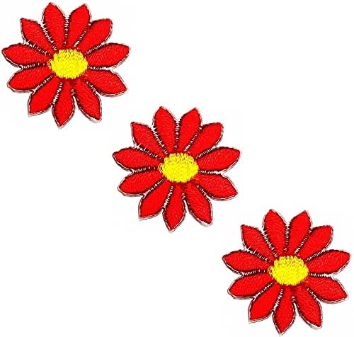 HHO Patch Set 3 парчиња. Мини црвени налепници за цвеќиња со брада, цртан филм деца Апликации закрпи убави цветни цвеќиња цветаат железо на шиење