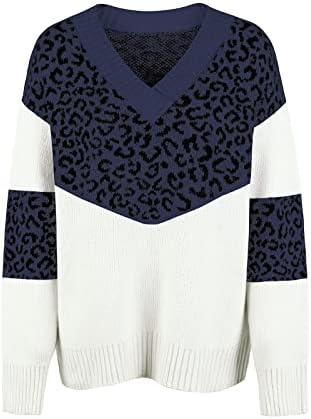 Женски есен џемпери есенска цврста боја крпеница леопард печати долг ракав пулвер плетен џемпер
