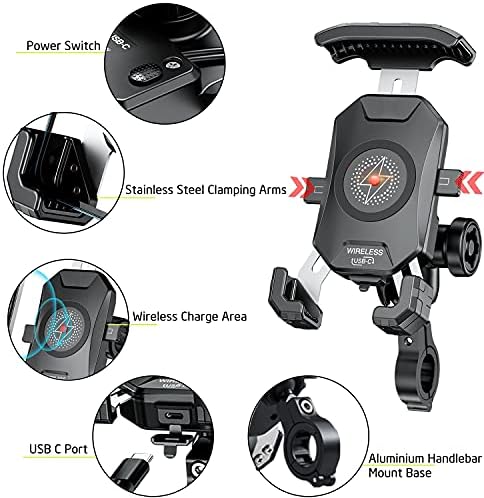 Imestou анти-кражба мотоцикл безжичен телефон за монтирање полнач 15W и USB C 3A рачка 1 држач за топка на топката Телефон работи