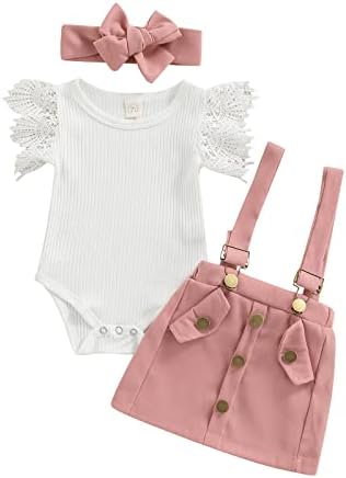Девојки за новороденчиња MadjtlQy лето 3 парчиња облека поставува руфли кратки ракави ребелирани ромпер + здолниште со суспензија