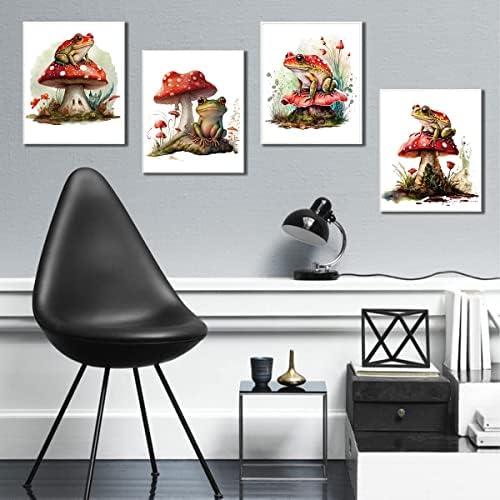 Отпечатоци од ретро gаба и печурки, црвени жаби печурки, креативна wallидна уметност и печатење на природни животински илустрации, симпатично