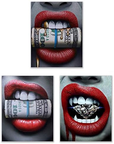 Фотографии на црвени усни - сет од 3 отпечатоци од постери - злато за пари од дијаманти