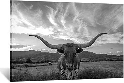 Kreative Arts црно -бело животно платно wallидни уметности висорамнини говеда со долги рогови Слика Тексас Лонгхорн во зајдисонце Фарм