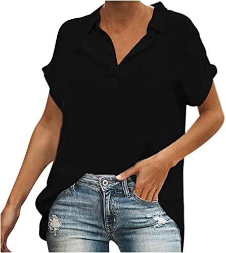 Women'sенски кошули со блузи со вратот, лапчиња за торбички со вратот, лабава врвови, кратки ракави, работа, каузална маица на Хенли