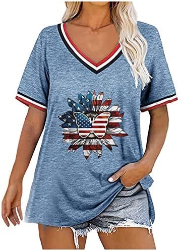 Летни кошули за жени, кошула на 4 -ти јули, американско знаме, симпатични врвови, случајна лабава блуза против вратот со краток ракав