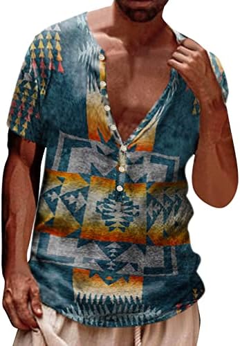 XXBR MENS AZTEC HENLEY кошули 3Д Ретро Бохо копче за печатење V вратот Обични врвови летни кратки ракави графички плажа кошула
