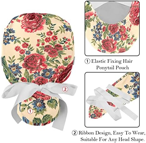 2 парчиња прилагодливо работно капаче со копчиња и вратоврска за ленти за жени долга коса, цвет од гроздобер роза