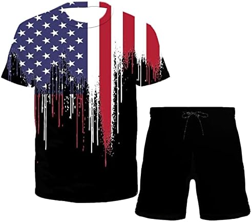 Летни шорцеви за мажи поставија облека на Денот на независноста Патриотски кратки ракави маица и шорцеви за кратки ракави за