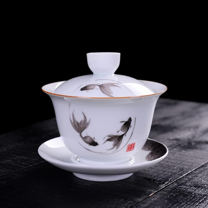 Кинески Фенгшуи риба чај сет чајник гаиван чаши бел порцелан Гонгфу чај сет