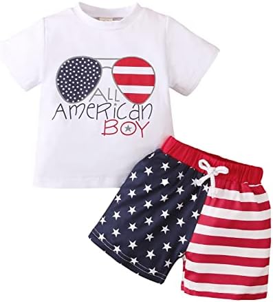 Sunwittafy 4-ти јули бебе момче шорцеви облеки на американско момче кратко ракав маица со знаме со ленти со шорцеви од 2 парчиња
