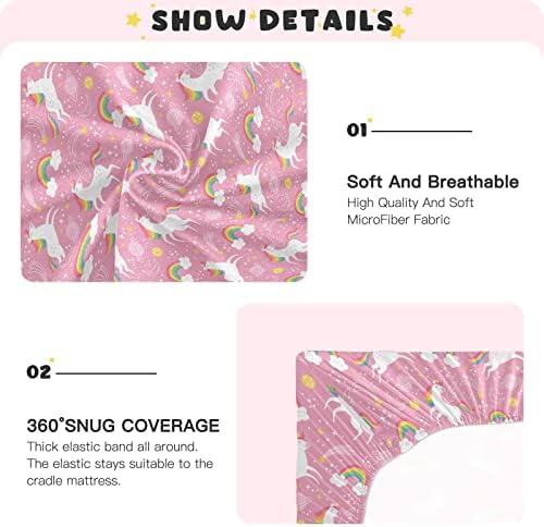 Goodold Unicorn Rainbow Pink Crib Sheets за момчиња девојчиња, 39x27 инчи меки и дишечки пакувања n играчки листови, преносни мини затегнати