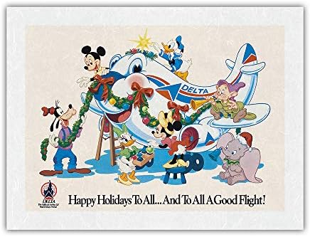 Ликови на Арт Пацифик Арт Мики Маус и Дизни - Среќни празници на сите - Делта воздушни линии - Постер за гроздобер патувања C.1960S