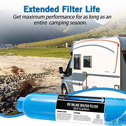 Lifefilter RV Inline Filter Filter Water со флексибилен заштитник на црево, сертифициран NSF, го намалува хлор, лош вкус и мирис за RV