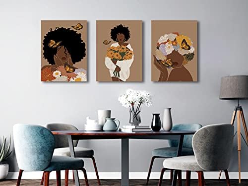 Врамена апстрактна афроамериканска црна жена платно wallидна уметност, бохо модна цветна уметност печатење, црни жени во спална соба дома, постер