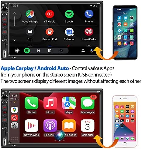 Двоен DIN CAR Stereo вграден Apple CarPlay и Android Auto, 7-инчен радио екран на допир со Bluetooth 5.0 и 12LED резервна камера,