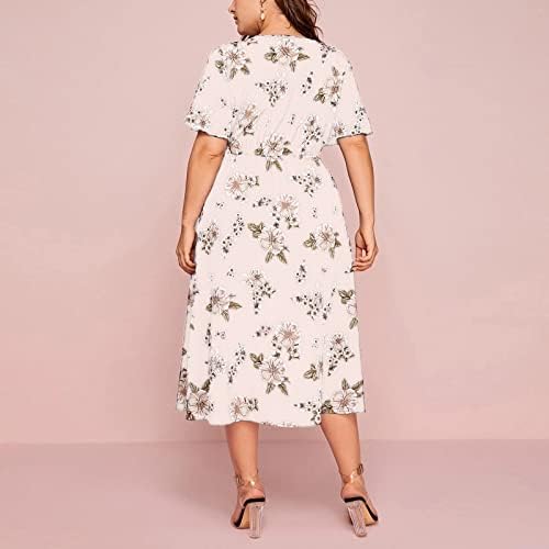 Облека на плажа Fragarn за жени, плус големина на женски цвет печатење v вратот краток ракав половината лабава процесна фустан