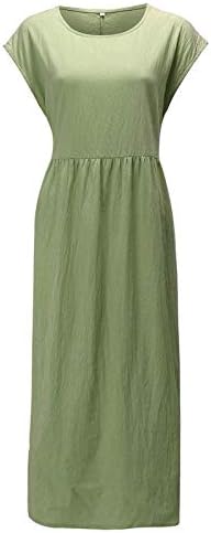 Anuyalue памучни постелнина фустани за жени цврста боја случајна макси фустан О-врат џебови Бохо фустан лабав буги кафтан долг фустан