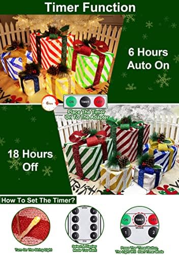 [Екстра големи и 5 пакувања] 12 -10 -8 -7 -6 Божиќни осветлени кутии за подароци Декорации 8 режими Тајмер далечински батерија оперирана 80 LED ленти присутни кутии Божиќни у