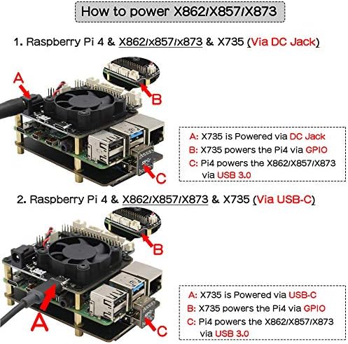 Geekworm for Raspberry Pi 4, x857 v2.0 MSATA SSD Одбор за проширување + x735 v3.0 Управување со електрична енергија со безбедно исклучување