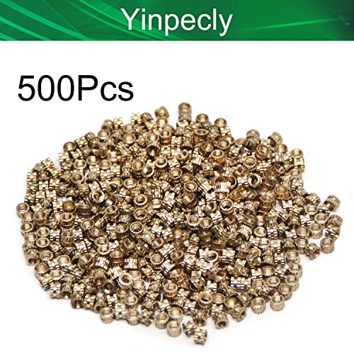 Yinpecly 500pcs M3 Крчени вметнат ореви, M3x4x3mm Femaleенска нишка Клупав месинг со навој, вметната метрика преку навој, притиснато во дупки за 3Д печатење инјектирање Златен тон