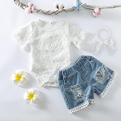Облека за девојчиња од Одасира, облеки за новороденчиња, бело чипка ромпер + искинати фармерки + лента за глава 3 парчиња летна облека