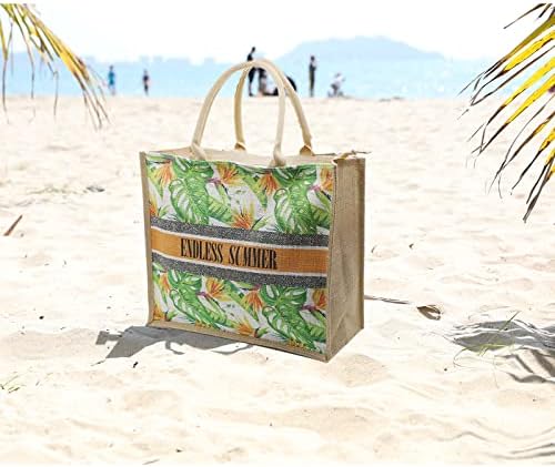 Jnf Стров плажа торба јута плажа торбички за жени burlap тота торба со патент за повторна употреба на намирници со рачка