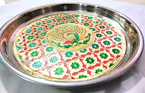Фестивал Индиски индиски не'рѓосувачки челик Декоративен Поја Тали со мулти -боја Меенакари Дизајн од индиски колекционерски колекционер